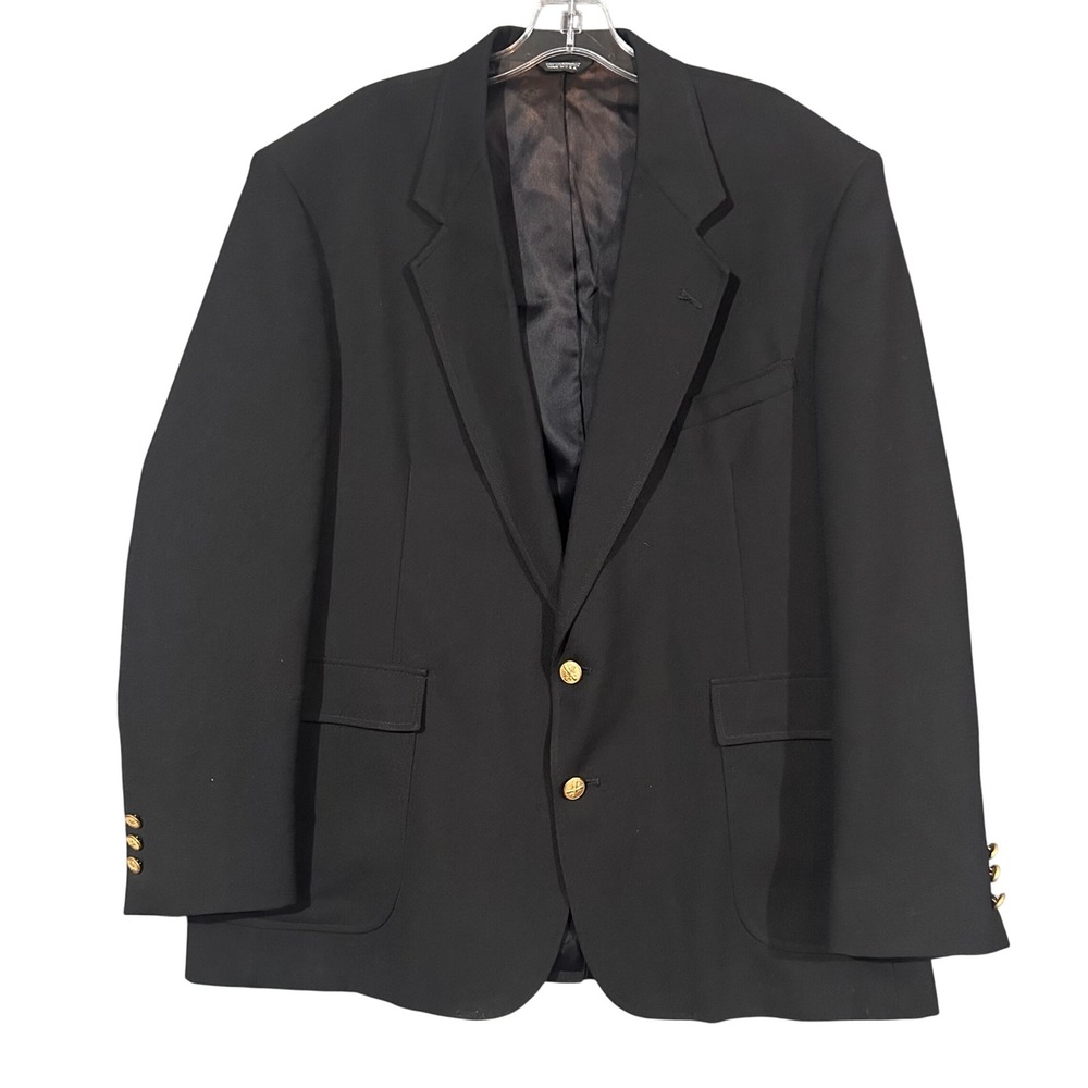 Hamricks Mens Black Blazer Jacket Gold Crest Buttons Hopsack 2 Button 46R USA
